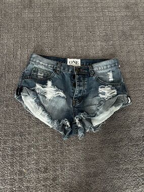 One Teaspoon Distressed Cutoff Jean Shorts in Medium Blue